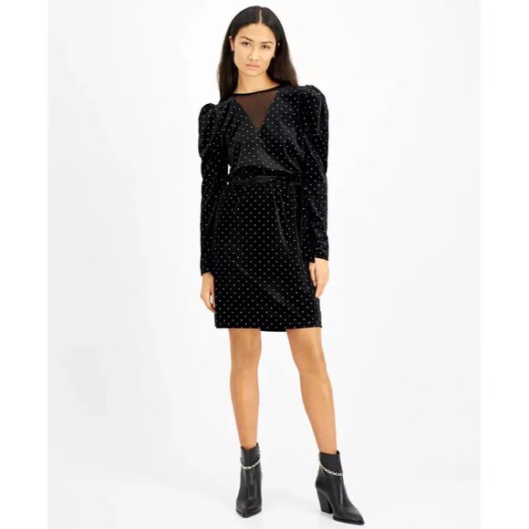 INC International Concepts Dot-Print Velvet Puff-Sleeve Dress, Black, Sz. L - Picture 1 of 12